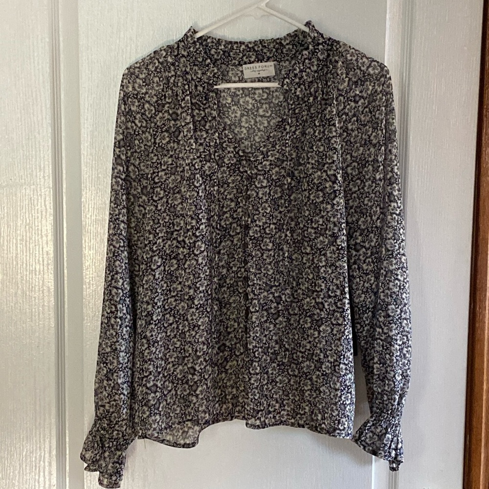 Dress Forum sheer peasant blouse, black print, medium, NWT